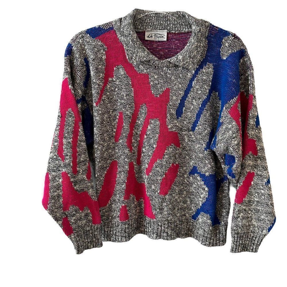 La Vista long sleeve vintage sweater with collar grey 80s 90s abstract colors